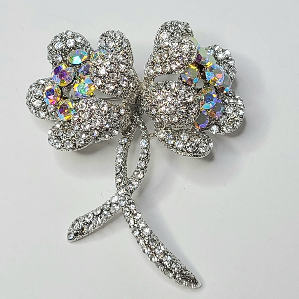 Worth & Douglas WD Signed Rhinestone AB Crystal Vintage Floral Pendant Brooch - Picture 3 of 8